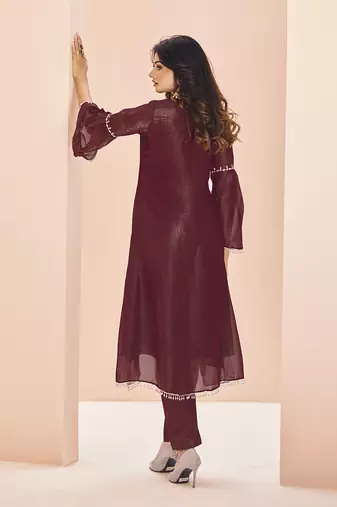 Deep maroon embellished organza kurta set