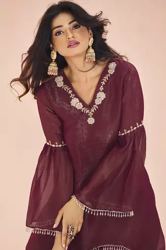 Deep maroon embellished organza kurta set