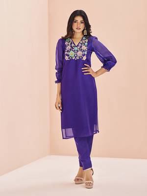 Vibrant purple floral embroidered organza kurta set 1