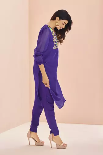 Vibrant purple floral embroidered organza kurta set