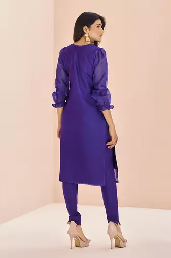 Vibrant purple floral embroidered organza kurta set