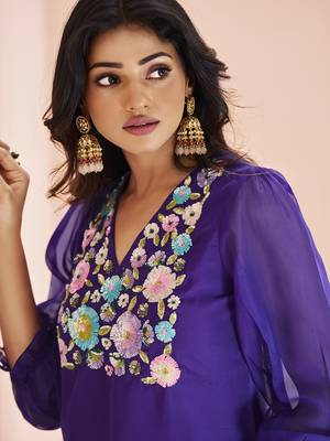 Vibrant purple floral embroidered organza kurta set 4