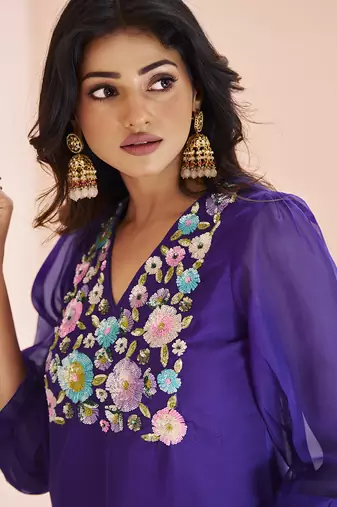 Vibrant purple floral embroidered organza kurta set