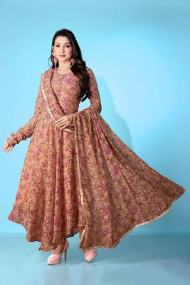 Brown georgette printed graceful partyweaar gown with dupatta 1