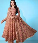 Brown georgette printed graceful partyweaar gown with dupatta