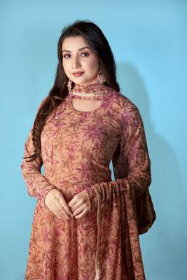Brown georgette printed graceful partyweaar gown with dupatta 3