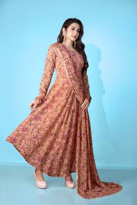 Brown georgette printed graceful partyweaar gown with dupatta 4