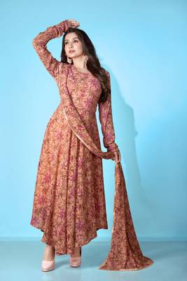 Brown georgette printed graceful partyweaar gown with dupatta 5