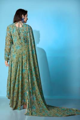 Green georgette printed graceful partyweaar gown with dupatta 2