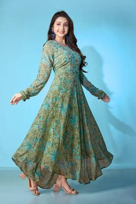 Green georgette printed graceful partyweaar gown with dupatta 4
