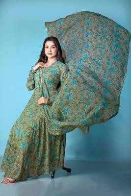 Green georgette printed graceful partyweaar gown with dupatta 5