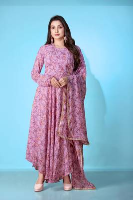 Purple georgette printed graceful partyweaar gown with dupatta 1