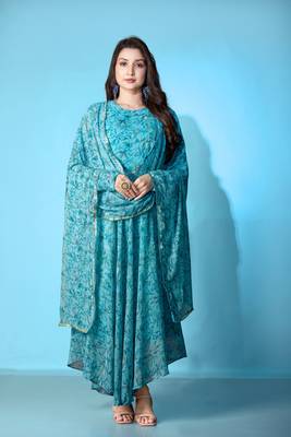 Blue georgette printed graceful partyweaar gown with dupatta 1
