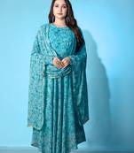 Blue georgette designer printed graceful partyweaar gown with dupatta