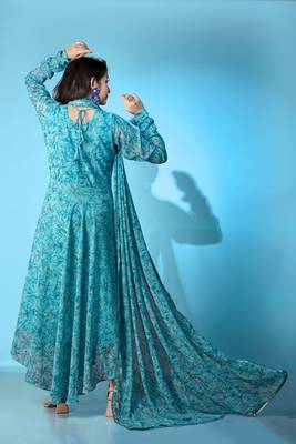 Blue georgette printed graceful partyweaar gown with dupatta 2