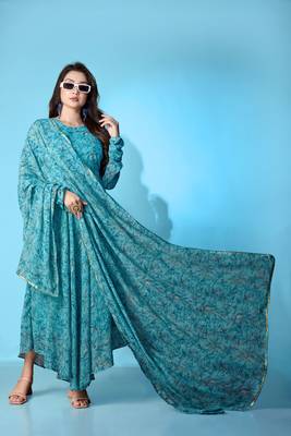 Blue georgette printed graceful partyweaar gown with dupatta 4