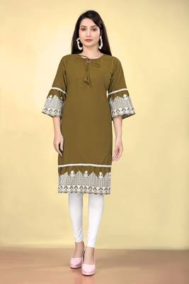 Green cotton fabric thread embroidery work kurti for formal looks 1