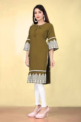 Green cotton fabric thread embroidery work kurti for formal looks 4