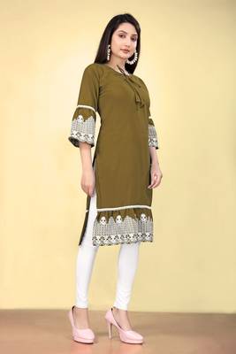 Green cotton fabric thread embroidery work kurti for formal looks 5