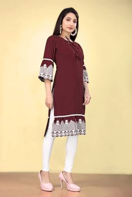 Wine cotton fabric thread embroidery work kurti for formal looks 5