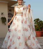 White Organza Fabric Floral Printed With Embroidery Work Lehenga Choli