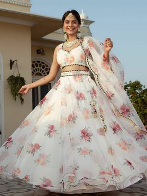 White Organza Fabric Floral Printed With Embroidery Work Lehenga Choli 2