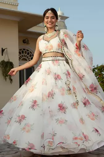 White Organza Fabric Floral Printed With Embroidery Work Lehenga Choli