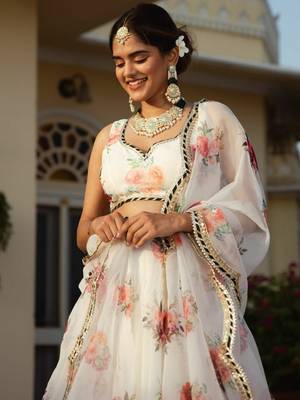White Organza Fabric Floral Printed With Embroidery Work Lehenga Choli 3