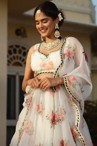 White Organza Fabric Floral Printed With Embroidery Work Lehenga Choli