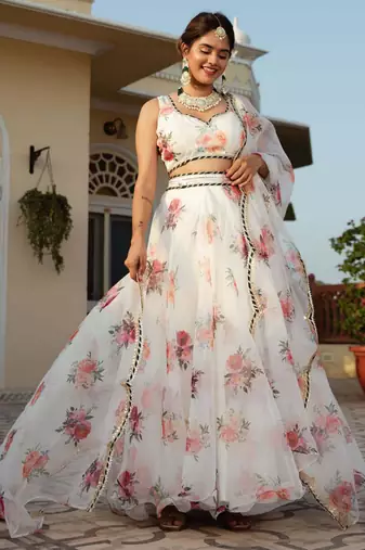 White Organza Fabric Floral Printed With Embroidery Work Lehenga Choli