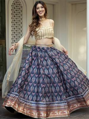 Blue Art Silk Fabric Digital Printed With Gota Patti Work Lehenga Choli 1