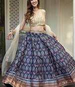 Blue Art Silk Fabric Digital Printed With Gota Patti Work Lehenga Choli