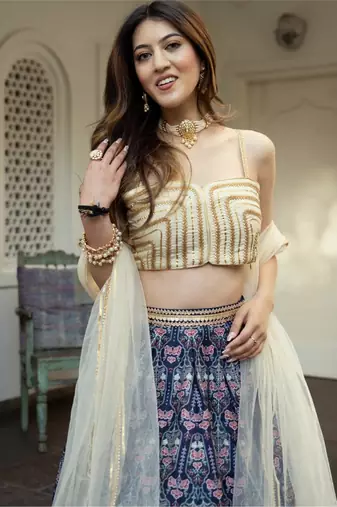 Blue Art Silk Fabric Digital Printed With Gota Patti Work Lehenga Choli