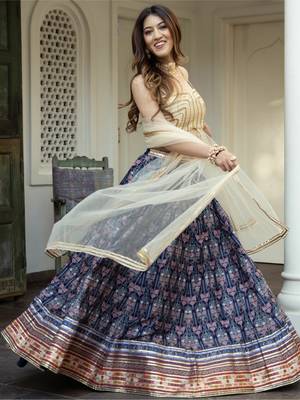 Blue Art Silk Fabric Digital Printed With Gota Patti Work Lehenga Choli 3
