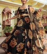 Black Organza Fabric Digital Printed With Gota Patti Work Lehenga Choli