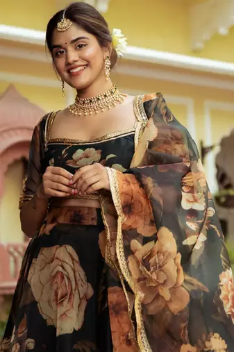 Black Organza Fabric Digital Printed With Gota Patti Work Lehenga Choli