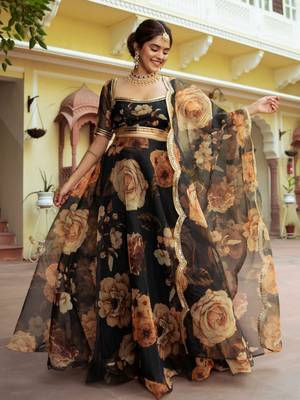 Black Organza Fabric Digital Printed With Gota Patti Work Lehenga Choli 4