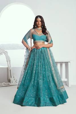 Rama Butterfly Net Cotton Thread And Sequence Embroidery Work Ceremonial Lehenga Choli 1