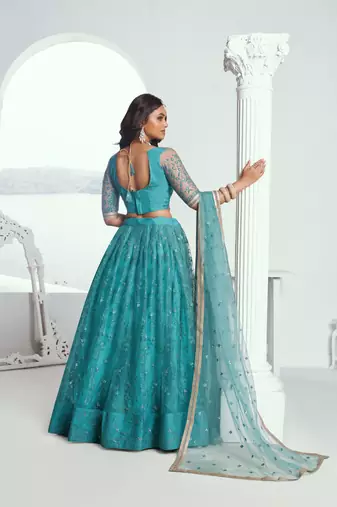 Rama Butterfly Net Cotton Thread And Sequence Embroidery Work Ceremonial Lehenga Choli