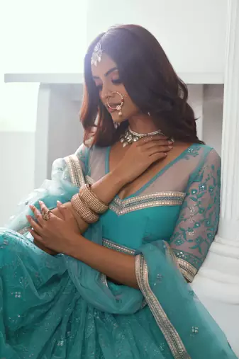 Rama Butterfly Net Cotton Thread And Sequence Embroidery Work Ceremonial Lehenga Choli