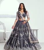 Dark Grey Butterfly Net Cotton Thread And Sequance Embroidery Work Ceremonial Lehenga Choli