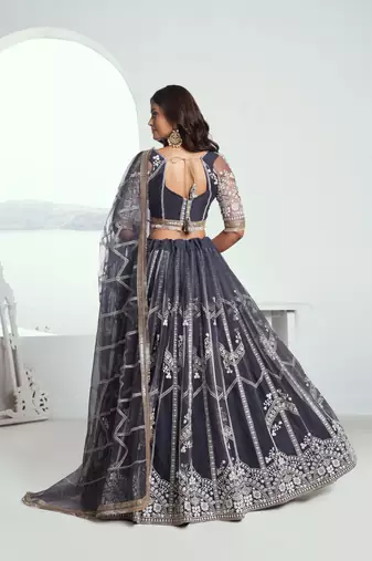 Dark Grey Butterfly Net Cotton Thread And Sequance Embroidery Work Ceremonial Lehenga Choli