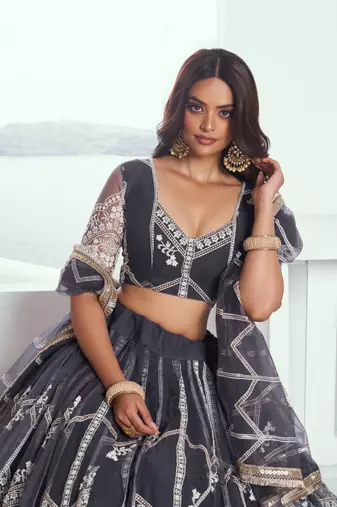 Dark Grey Butterfly Net Cotton Thread And Sequance Embroidery Work Ceremonial Lehenga Choli