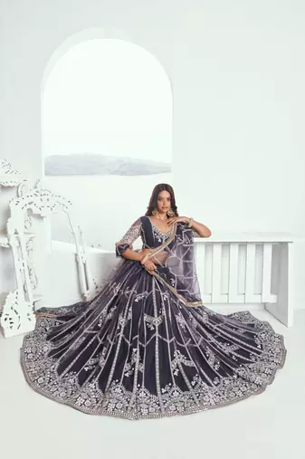 Dark Grey Butterfly Net Cotton Thread And Sequance Embroidery Work Ceremonial Lehenga Choli