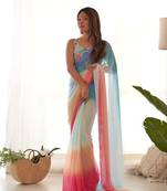 Sky blue faux georgette bollywood style padding saree with embroidery work