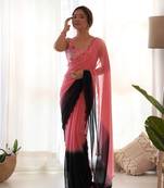 Peach faux georgette bollywood style padding saree with embroidery work