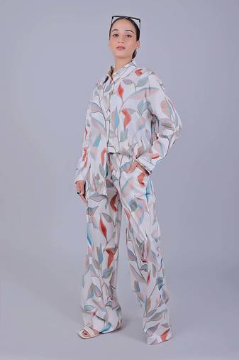 Women's printed co-ord set white orange leaf
