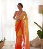 Orange faux georgette bollywood style padding saree with embroidery work