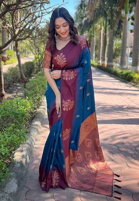 Blue soft silk blend weaving zari graceful ceremonial saree 1