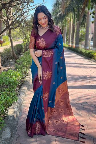 Blue soft silk weaving jari designer graceful ceremonial saree